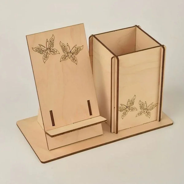 Wooden Butterfly-Engraved Mobile Stand with Pen Holder Organizer