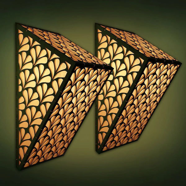 Artistic Geometric MDF Wall Sconce Pair – Backlit Triangular Cube Wall Lamps (6×10.5 in) | Modern LED Ambient Lighting for Living Room & Bedroom