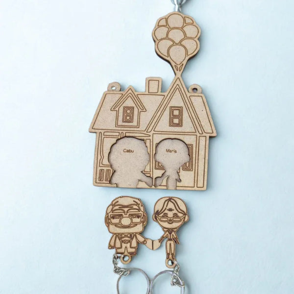 "Up" Movie Inspired Wooden Key Holder | Custom Couple Name Keychain | Balloon House Laser-Cut MDF Wall Hanging