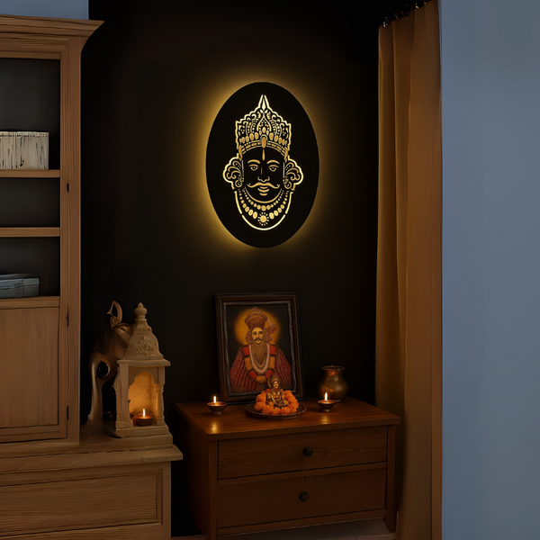 Khatu Shyam Ji MDF Wooden LED Wall Light – Decorative Wall Hanging with DC Adapter