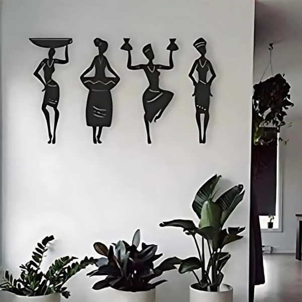 Tribal Women Wall Art – Set of 4 MDF Cutouts | Black Painted Wooden Décor Panels for Living Room, Bedroom & Office (12 x 6 inch)