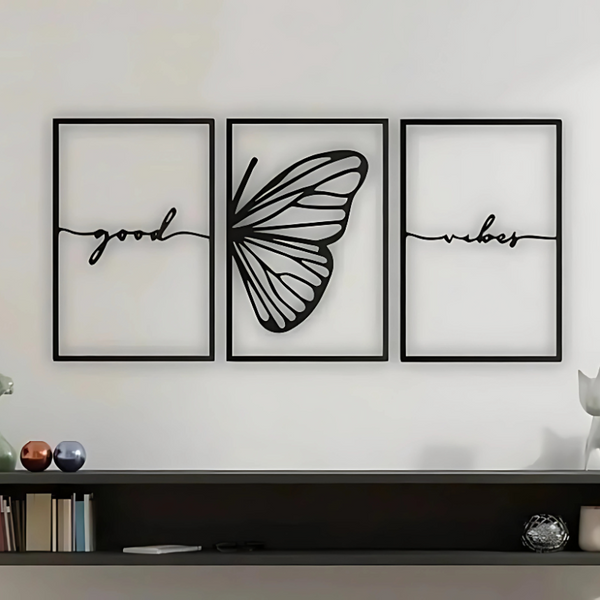 Good Vibes Wall Art – Set of 3 MDF Cutout Frames | Black Wooden Plaque for Home & Office Décor (Butterfly Design, 12 x 7.9 in Each)