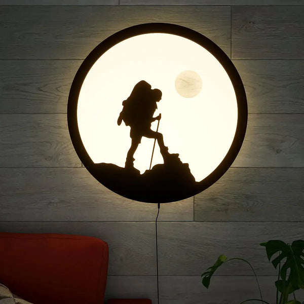 LED Trekking Mountain Climber MDF Wall Art – Backlit Adventure Wall Decor 15 Inch Round | Buy Hiking Wall Hanging with Light Online India