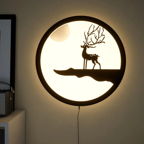 LED Deer Stag Silhouette MDF Wall Art – Backlit Nature Wildlife Wall Decor Round | Buy Stag Wall Hanging with Light Online India
