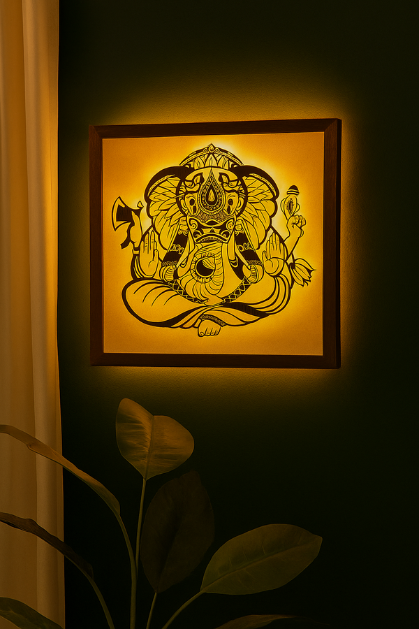 Divine Ganesh Illuminated Wall Art | Modern LED Backlit Mandala Panel for Home Decor | Premium Hindu Spiritual Lighting Accent